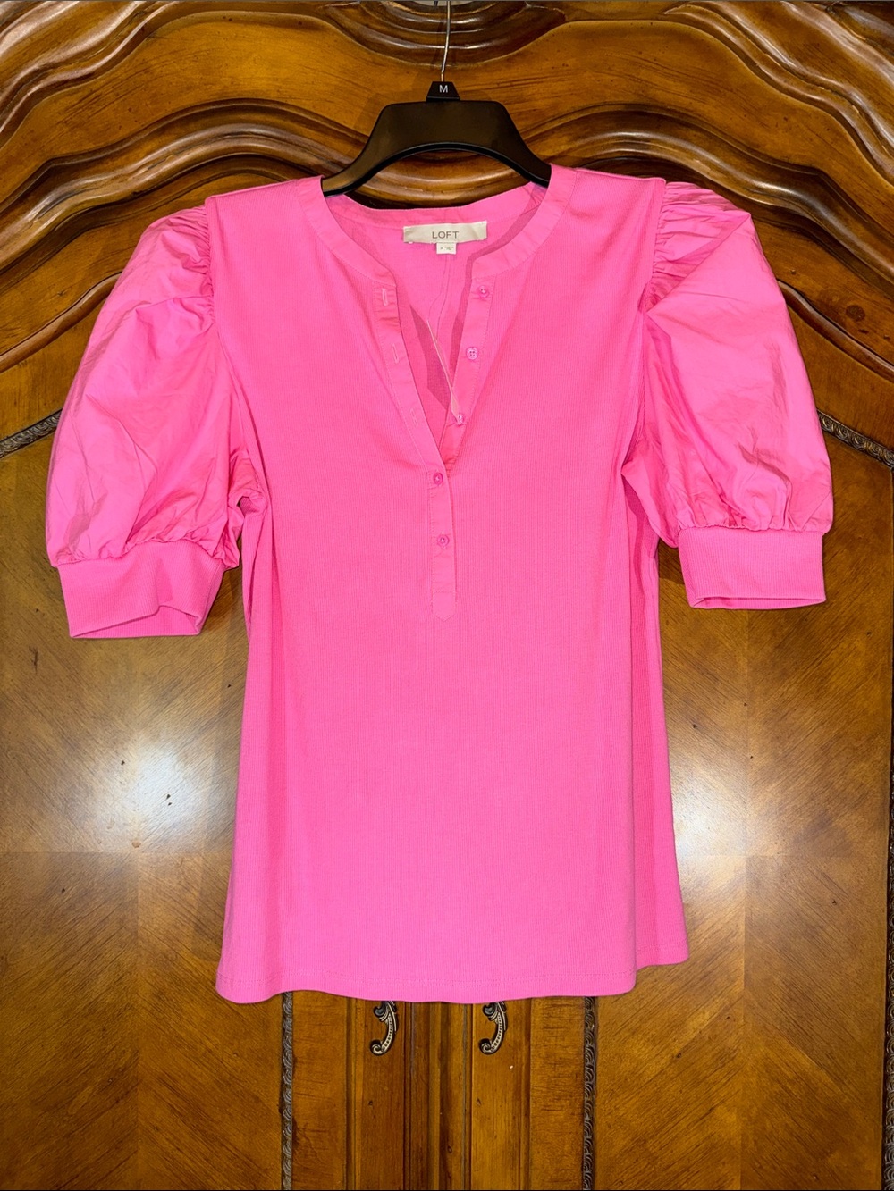 LOFT Hot Pink Puff-Sleeve Henley Top